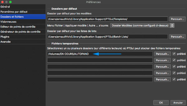 Préférences du logiciel PTGui - Fichiers temporaires