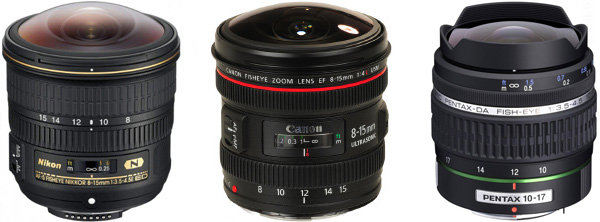 Trois objectifs fisheye Nikkor, Canon et Pentax Trois objectifs fisheye Nikkor, Canon et Pentax